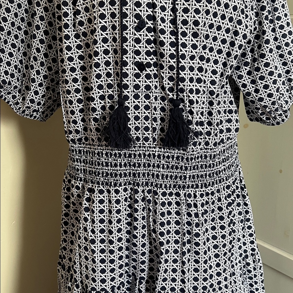 Chico’s Poplin Basket Weave Maxi Dress Smocked Tassel Blue White Chicos Size 3 - Picture 5 of 13